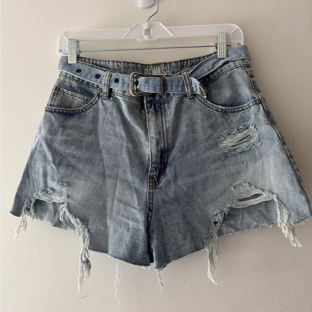Rewash‎ Jean Shorts Western Belt Buckle Tie Detail- Festival Distressed Style
